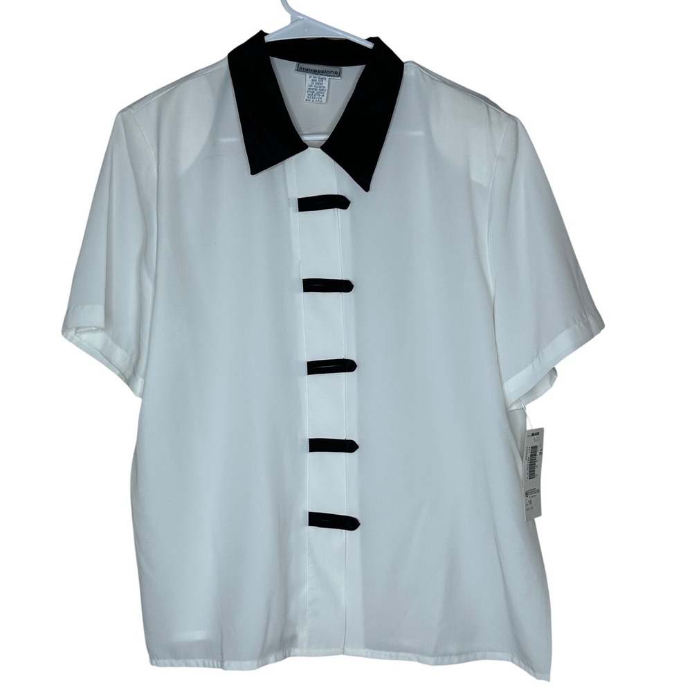 Impressions of California VTG Blouse Size 16 White Black Career Top USA‎ Made